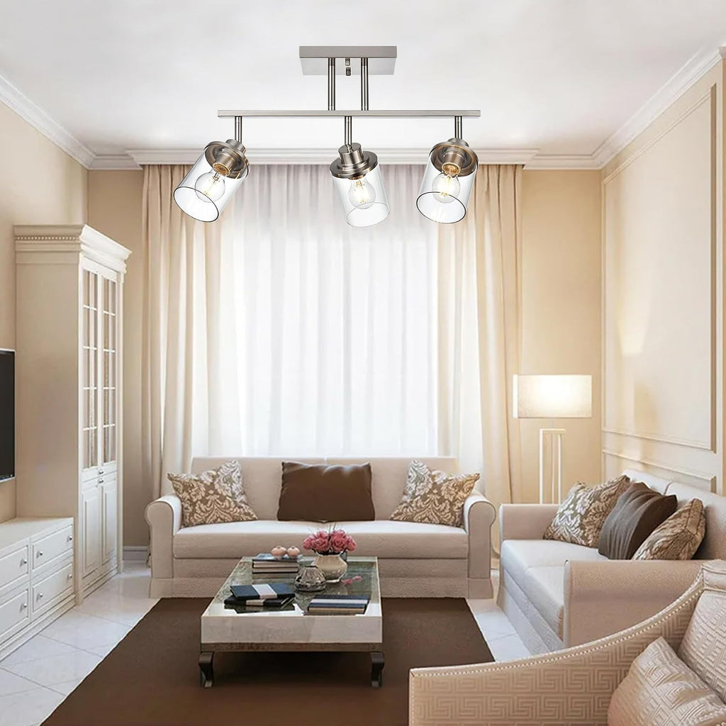 Track Lighting Fixtures 3 Light Directional Ceiling Lights with Adjustable Track Heads, Brushed Nickel Bathroom Vanity Light with Clear Glass Shade