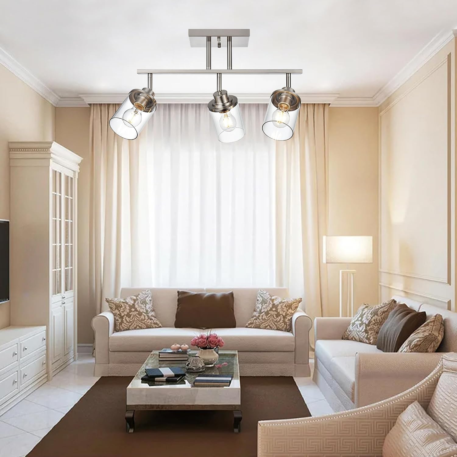 Track Lighting Fixtures 3 Light Directional Ceiling Lights with Adjustable Track Heads, Brushed Nickel Bathroom Vanity Light with Clear Glass Shade