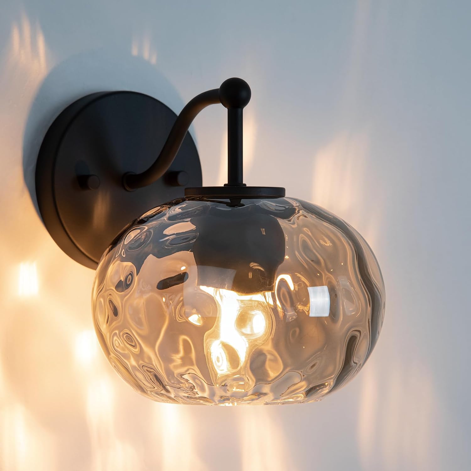 Modern Iridescent Glass Wall Sconce Matte Black Wall Light Set of 2 Hammered Smoked Glass Vanity Light for Bedroom Hallway Living Room Stairwell Bathroom Over Mirror