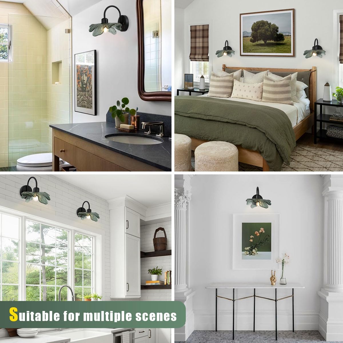 Black Bathroom Vanity Light Vintage Wall Sconce Black Wall Lamp Sconces Wall Decor Set of 2 with Dark Green Glass Shade Vanity Lighting Fixture Over Mirror for Bedroom Hallway Living Room