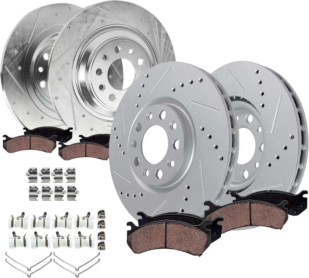 Detroit Axle - 8pc Brake Kit for 2016 2017 2018 2019 2020 2021 2022 2023 Jeep Cherokee, Drilled Slotted Disc Brake Rotors Ceramic Brakes Pads Replacement: 12.99' inch Front and 12.60' inch Rear Rotor