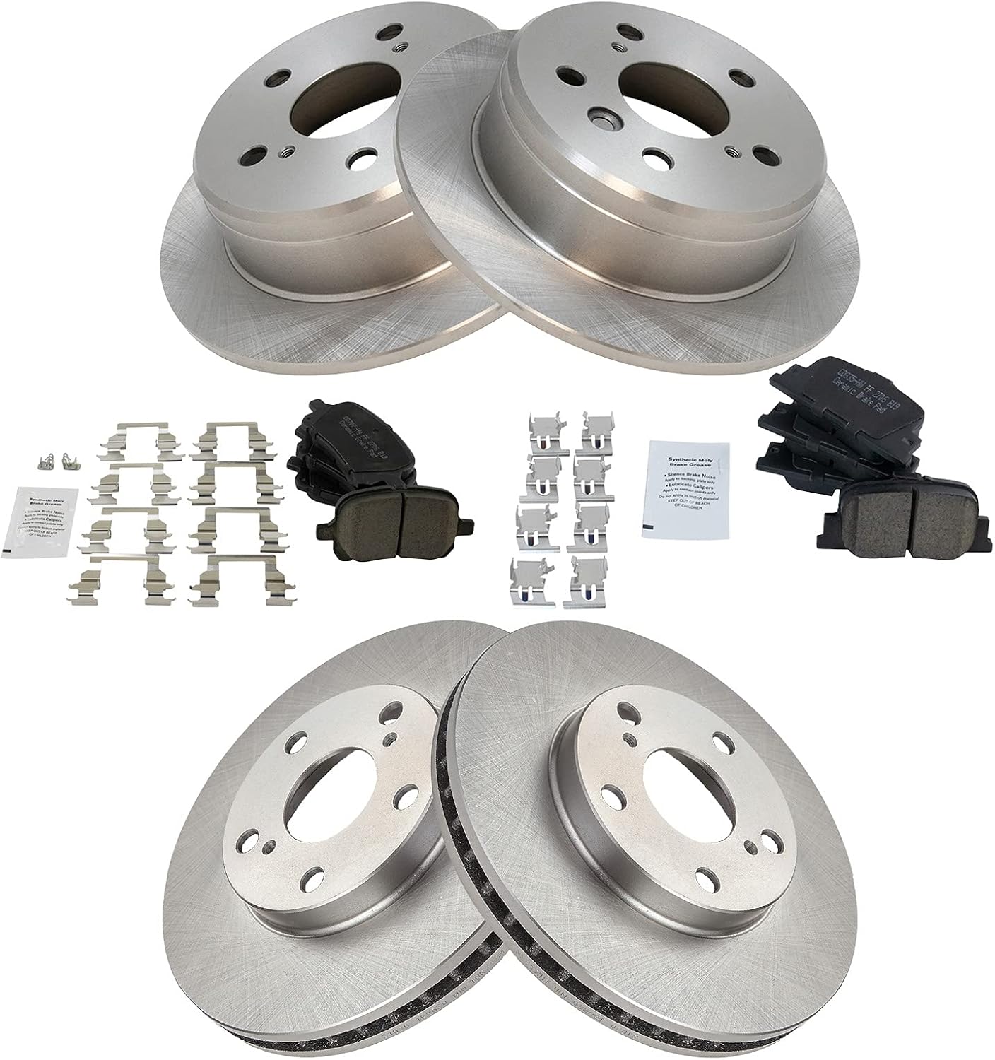TRQ Front and Rear Brake Pad and Rotor Set Ceramic Vented Solid Rotors Compatible with 2000-2001 Lexus ES300 Toyota Camry