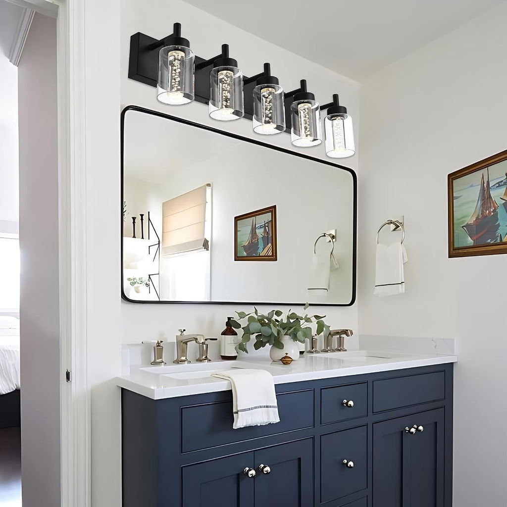 5-Light LED Bathroom Vanity Light Fixtures, Metal Black Finish Bathroom Lighting Over Mirror Interior Wall Lighting Fixtures with Crystal Bulb Clear Glass Shade(LED Bulbs Included)