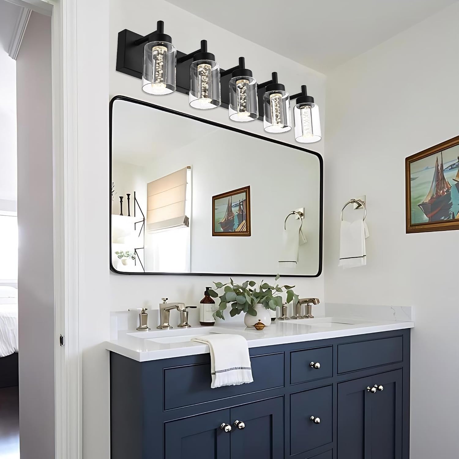 5-Light LED Bathroom Vanity Light Fixtures, Metal Black Finish Bathroom Lighting Over Mirror Interior Wall Lighting Fixtures with Crystal Bulb Clear Glass Shade(LED Bulbs Included)