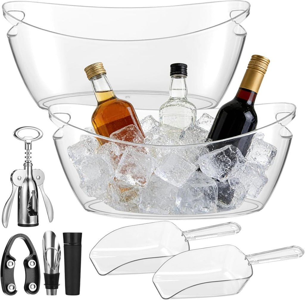 5.5L Ice Buckets 2-Pack With Shovels, Clear Plastic Party Tubs, Boat Design With Handles, Beverage Chillers
