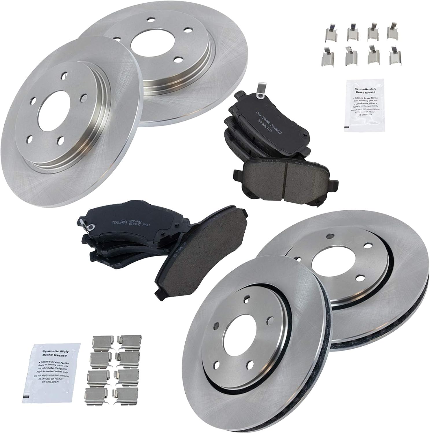 TRQ Front and Rear Brake Pad and Rotor Set Ceramic Vented Solid Rotors Compatible with 2008-2012 Chrysler Town and Country 2008-2012 Dodge Grand Caravan 2009-2013 Journey 2009-2012 Volkswagen Routan