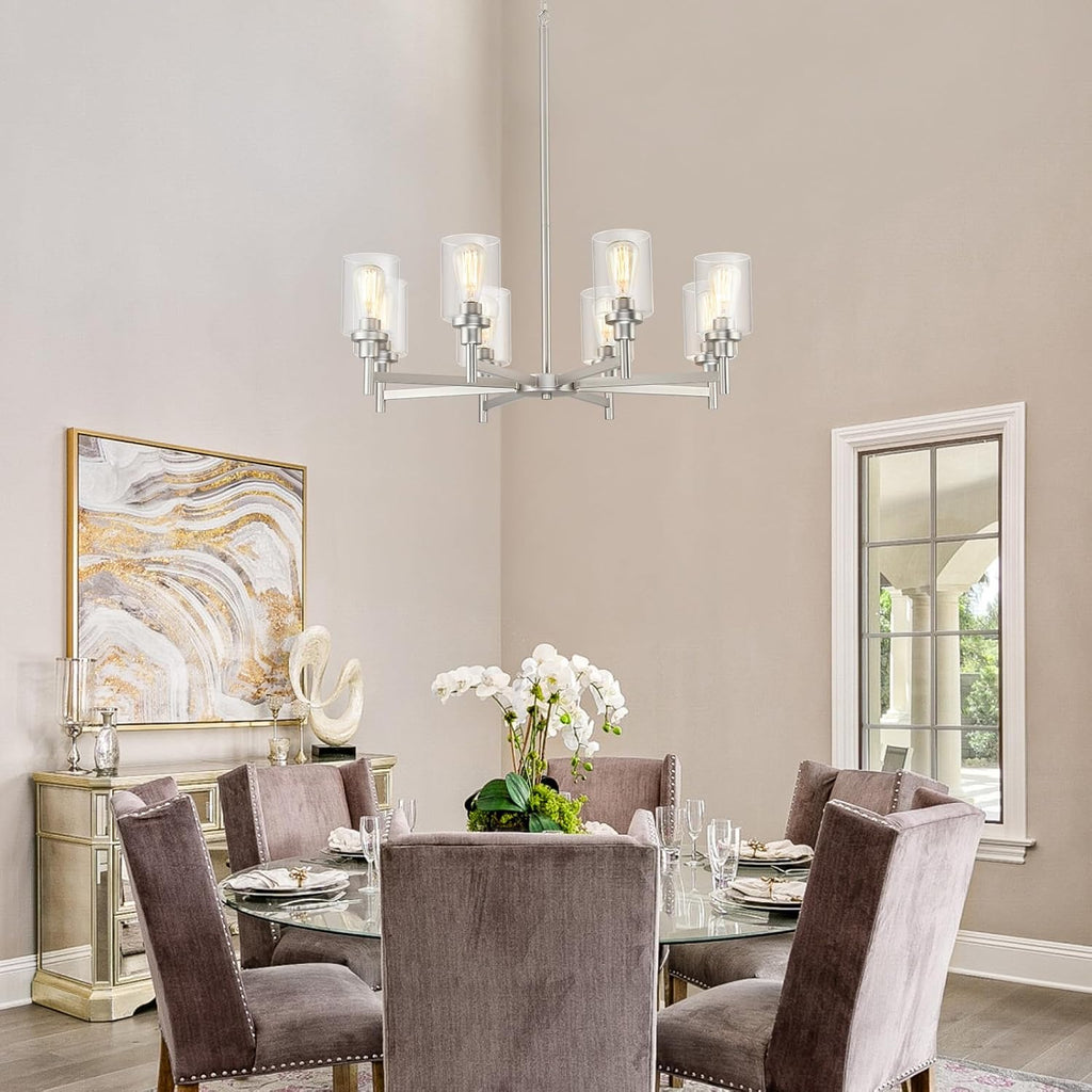 Brushed Nickel Chandeliers for Dining Room | 8 Lights Living Room Light Fixture Over Table | Farmhouse Chandelier with Clear Glass Shade | Hallway Lighting for Kitchen Island | Bedroom | Restaurant