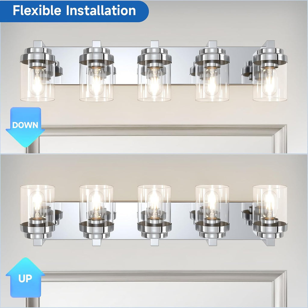 Bathroom Light Fixtures, 5-Light Bathroom Vanity Lights Over Mirror, Polished Chrome Vanity Lights with Glass Shade, 31' Modern Wall Sconce for Cabinet Porch Bedroom, Hallway E26