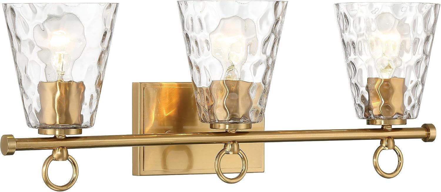 Imogen - Metal and Hammered Water Glass 3-Light Vanity Light, Brushed Gold