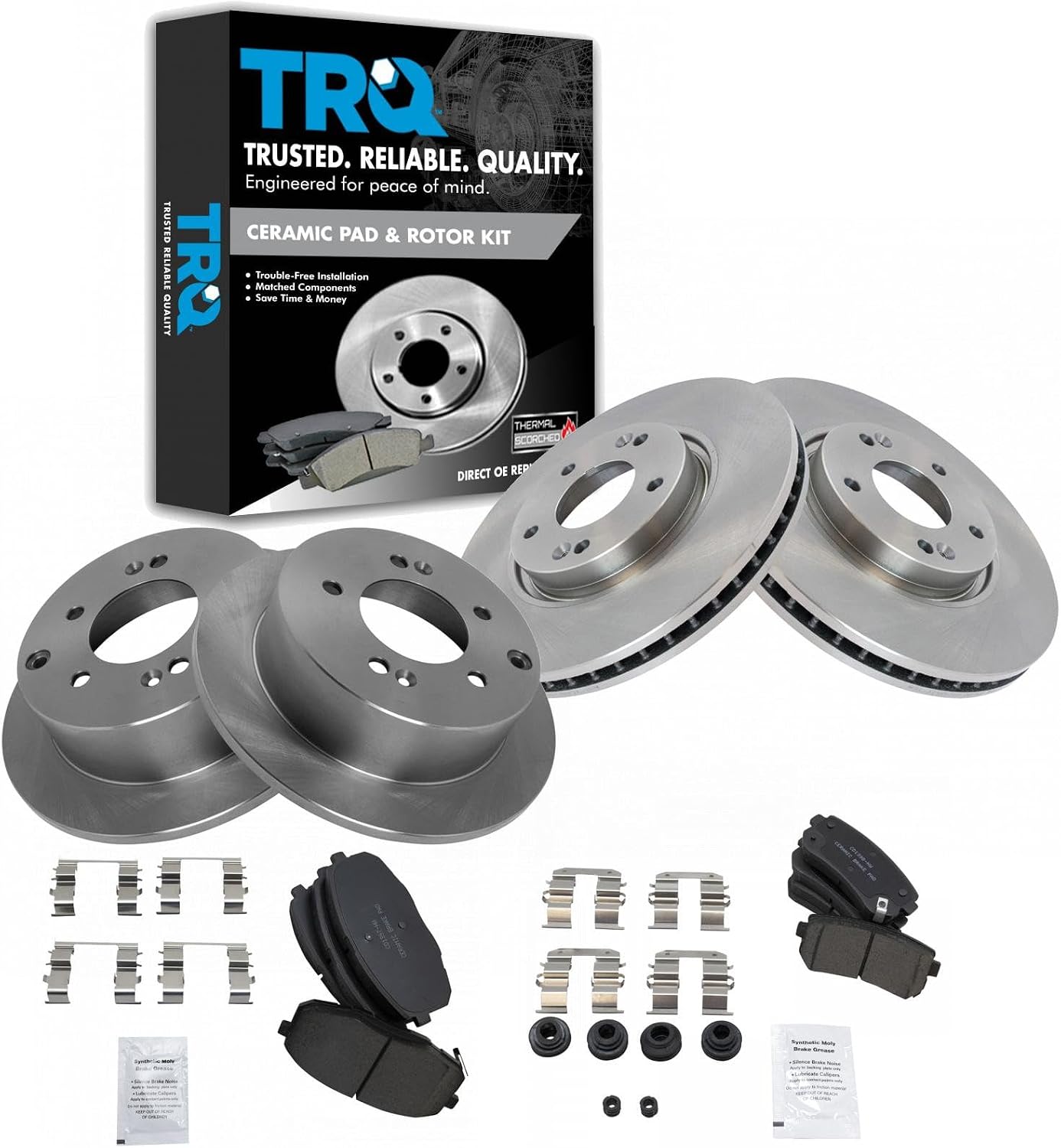 TRQ Front and Rear Brake Pad and Rotor Set Ceramic Vented Solid Rotors Compatible with 2010-2013 Kia Forte 2010-2013 Forte Koup