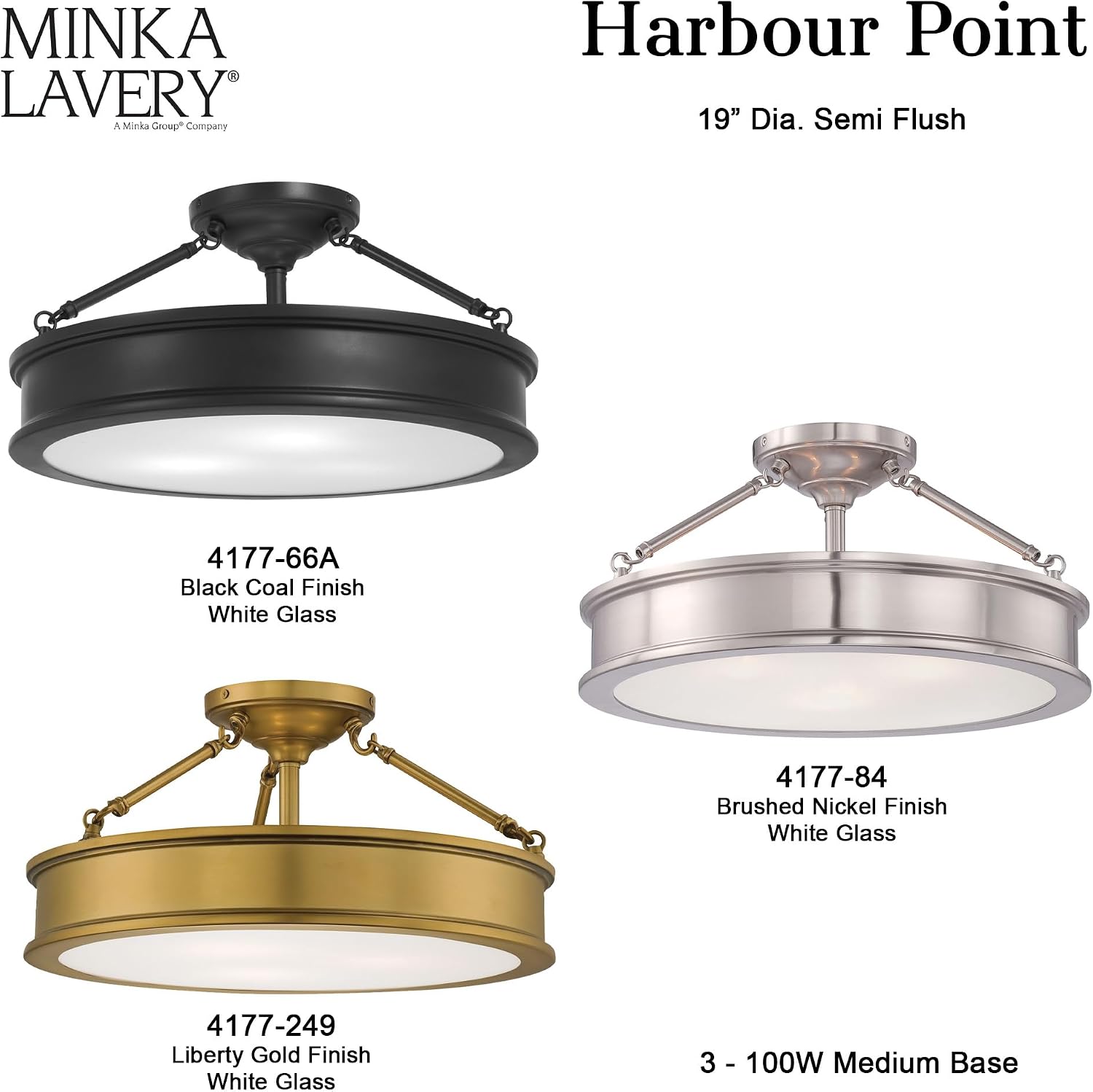 Minka Lavery 4177-249 Harbour Point Semi-Flush, 3-Light, 300 Total Watts, 19-in H x 9.75-in W, Liberty Gold