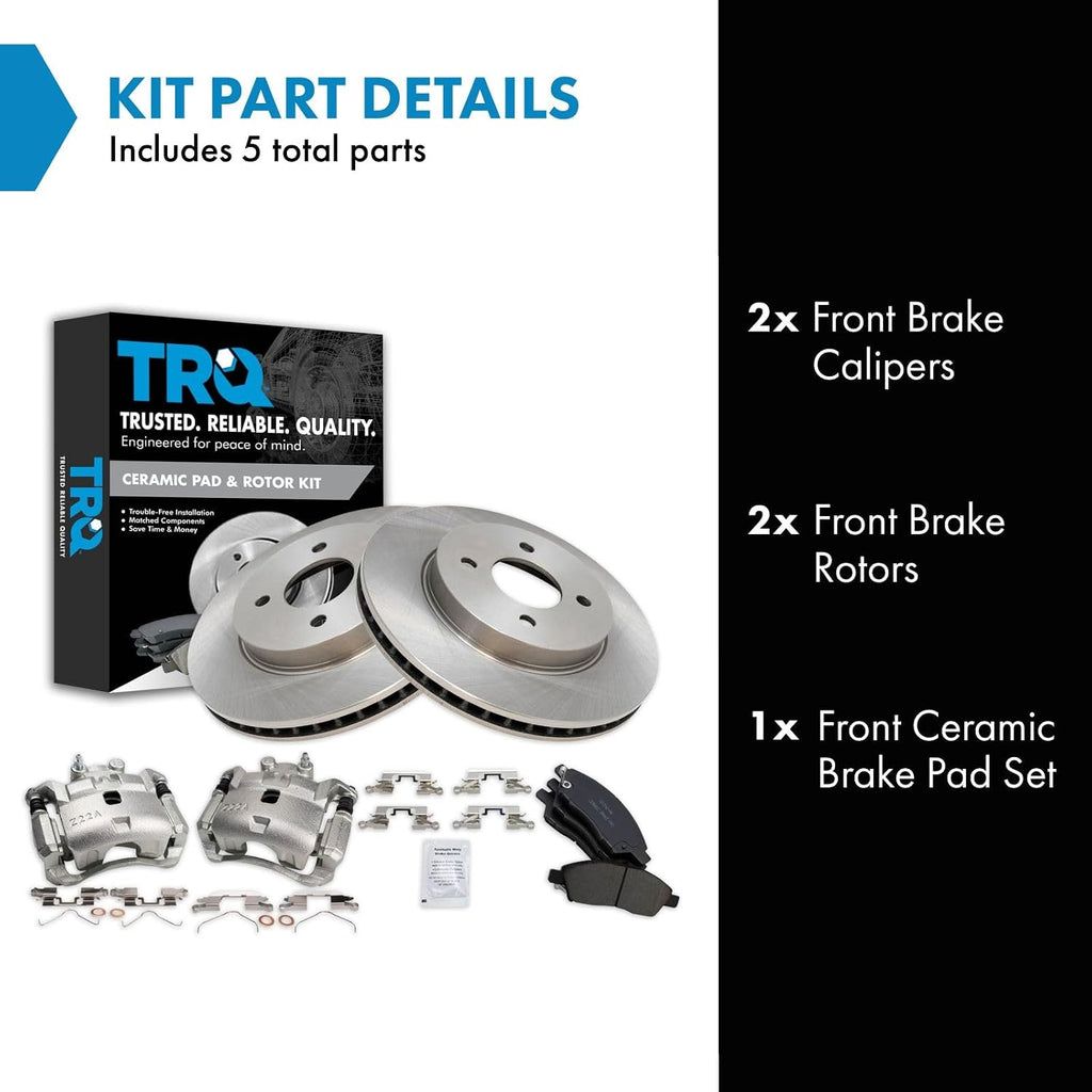 TRQ Front Ceramic Brake Pad and Rotor Set Includes Calipers Compatible with 2012-2018 Nissan Versa 2014-2018 Nissan Versa Note