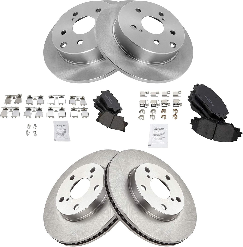 TRQ Front and Rear Brake Pad and Rotor Set Ceramic Vented Solid Rotors Compatible with 2010-2012 Lexus HS250h 2006-2018 Toyota RAV4