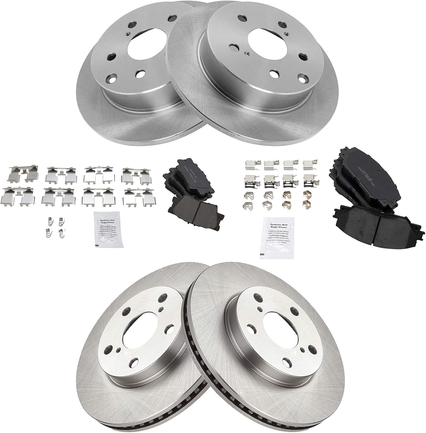 TRQ Front and Rear Brake Pad and Rotor Set Ceramic Vented Solid Rotors Compatible with 2010-2012 Lexus HS250h 2006-2018 Toyota RAV4