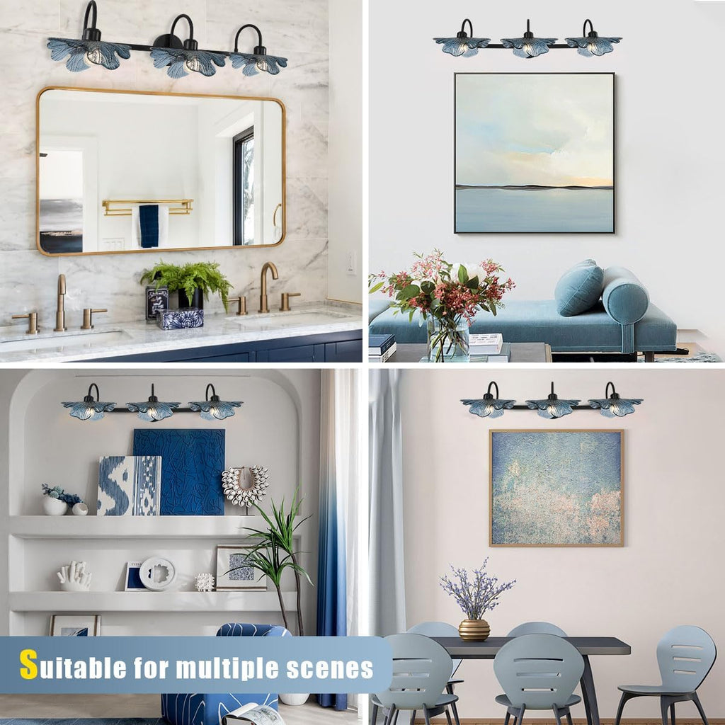 3 Light Bathroom Vanity Light Black wall Sconce with Blue Flower Glass Shade Bathroom wall Light Vintage wall Sconce Art Deco Vanity Lights Over Mirror for Bedroom Hallway Living Room