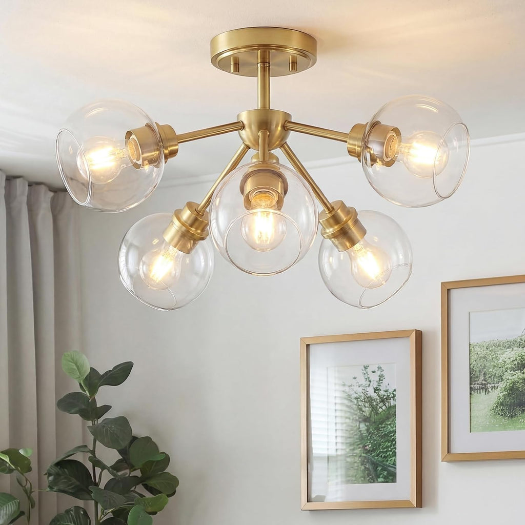 6-Light Semi Flush Mount Ceiling Light, 22' Modern Light Fixtures Ceiling Mount with Globe Clear Glass Shade, Brushed Gold Light Fixtures for Kitchen Entryway Bedroom, SM195-BG-6
