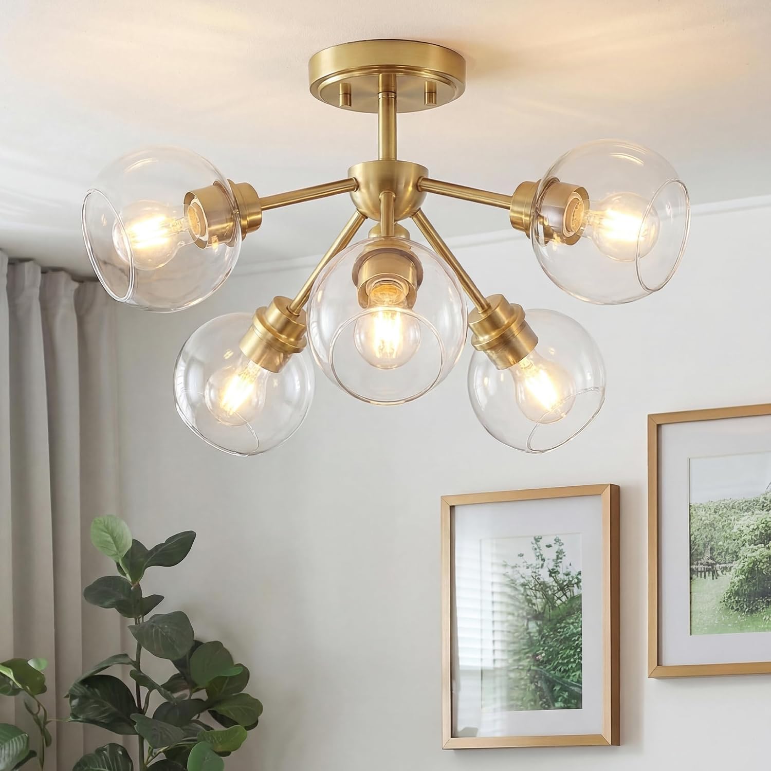 6-Light Semi Flush Mount Ceiling Light, 22' Modern Light Fixtures Ceiling Mount with Globe Clear Glass Shade, Brushed Gold Light Fixtures for Kitchen Entryway Bedroom, SM195-BG-6