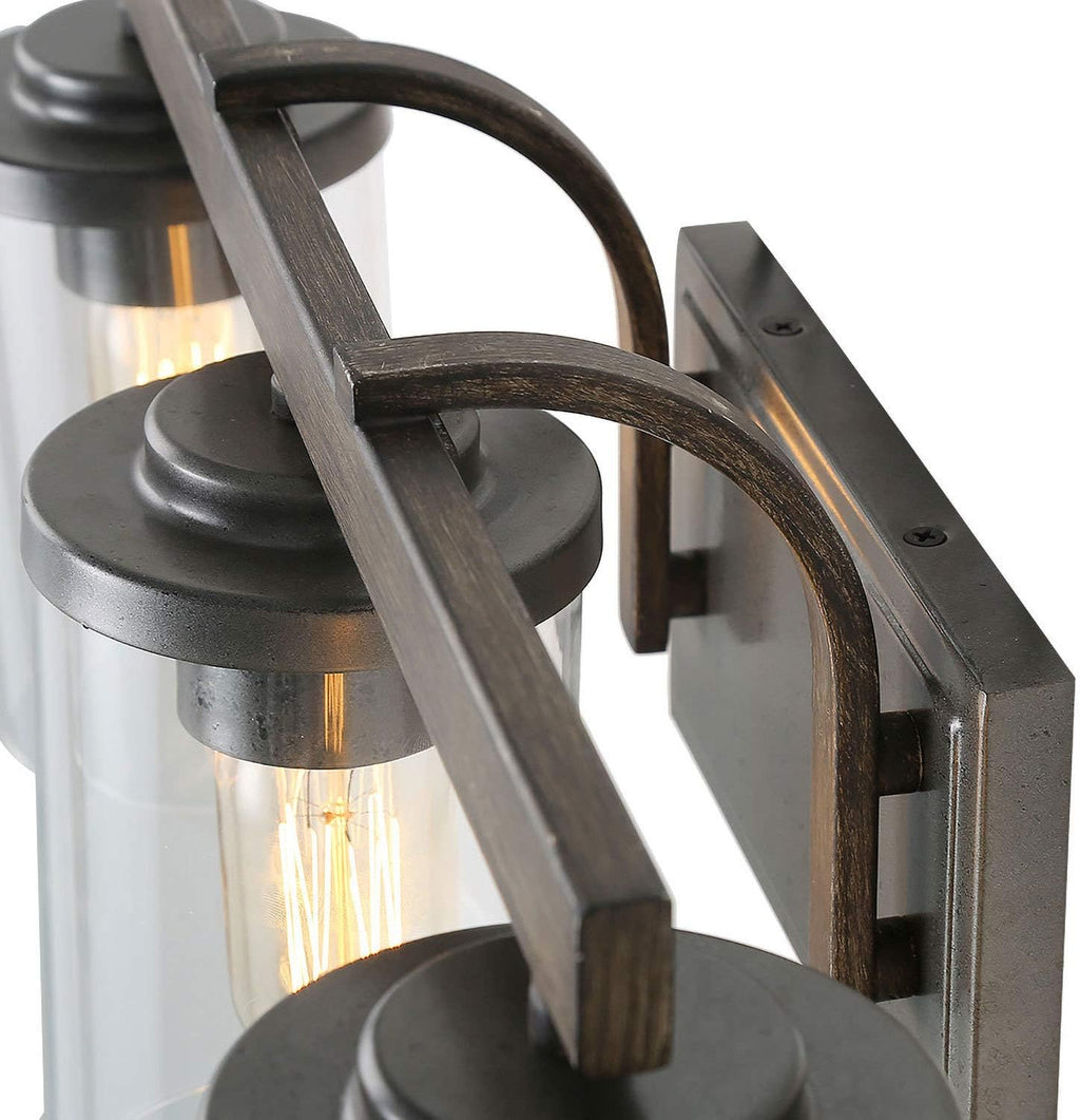 LALUZ Bathroom Vanity Light Fixtures, 3-Light Farmhouse Vanity Light with Clear Glass Shades, Faux Wood, 20'' L x 6.3'' W x 8.7'' H