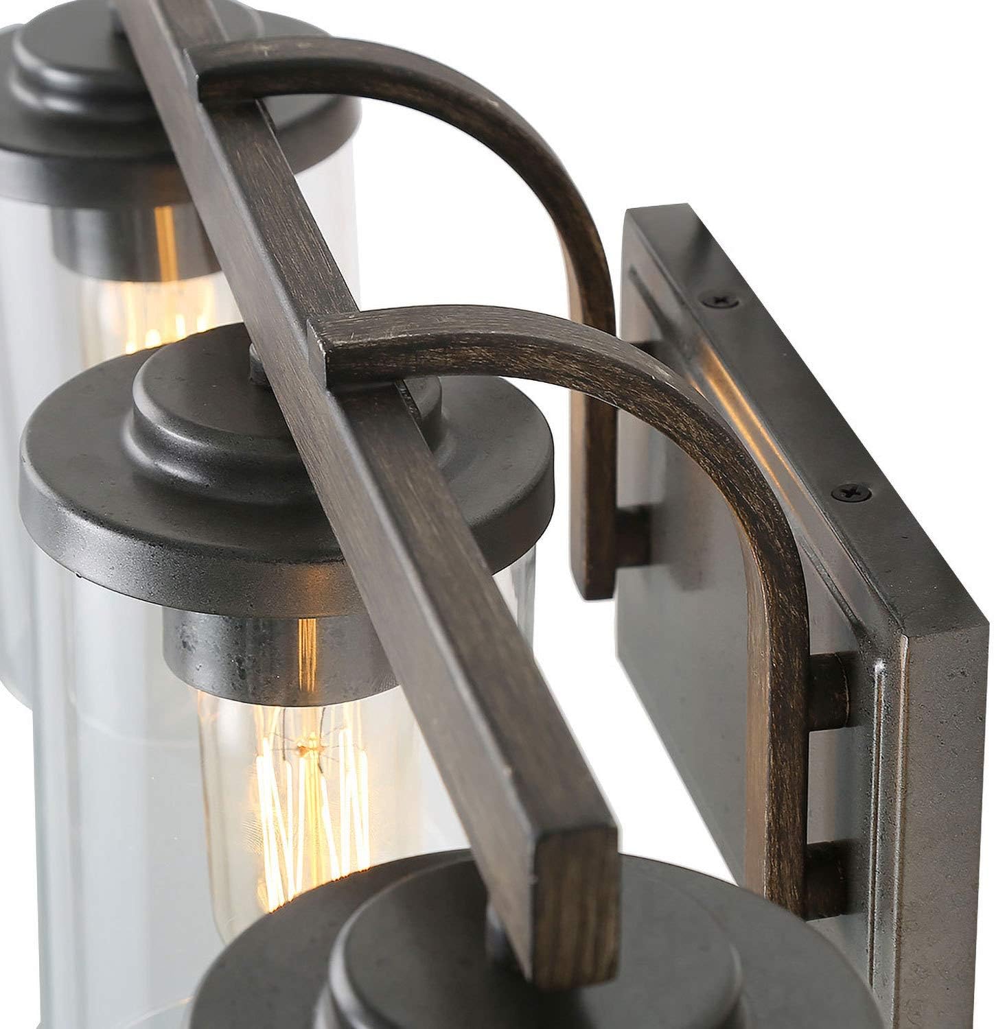 LALUZ Bathroom Vanity Light Fixtures, 3-Light Farmhouse Vanity Light with Clear Glass Shades, Faux Wood, 20'' L x 6.3'' W x 8.7'' H