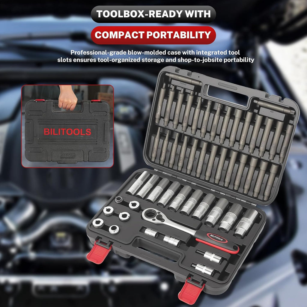 BILITOOLS 50PCS Shock Absorber Strut Nut Socket Set | Master Suspension Tool, Strut Top Mount Nut Removal & Install, Automotive Use, with Ratchet Adaptors