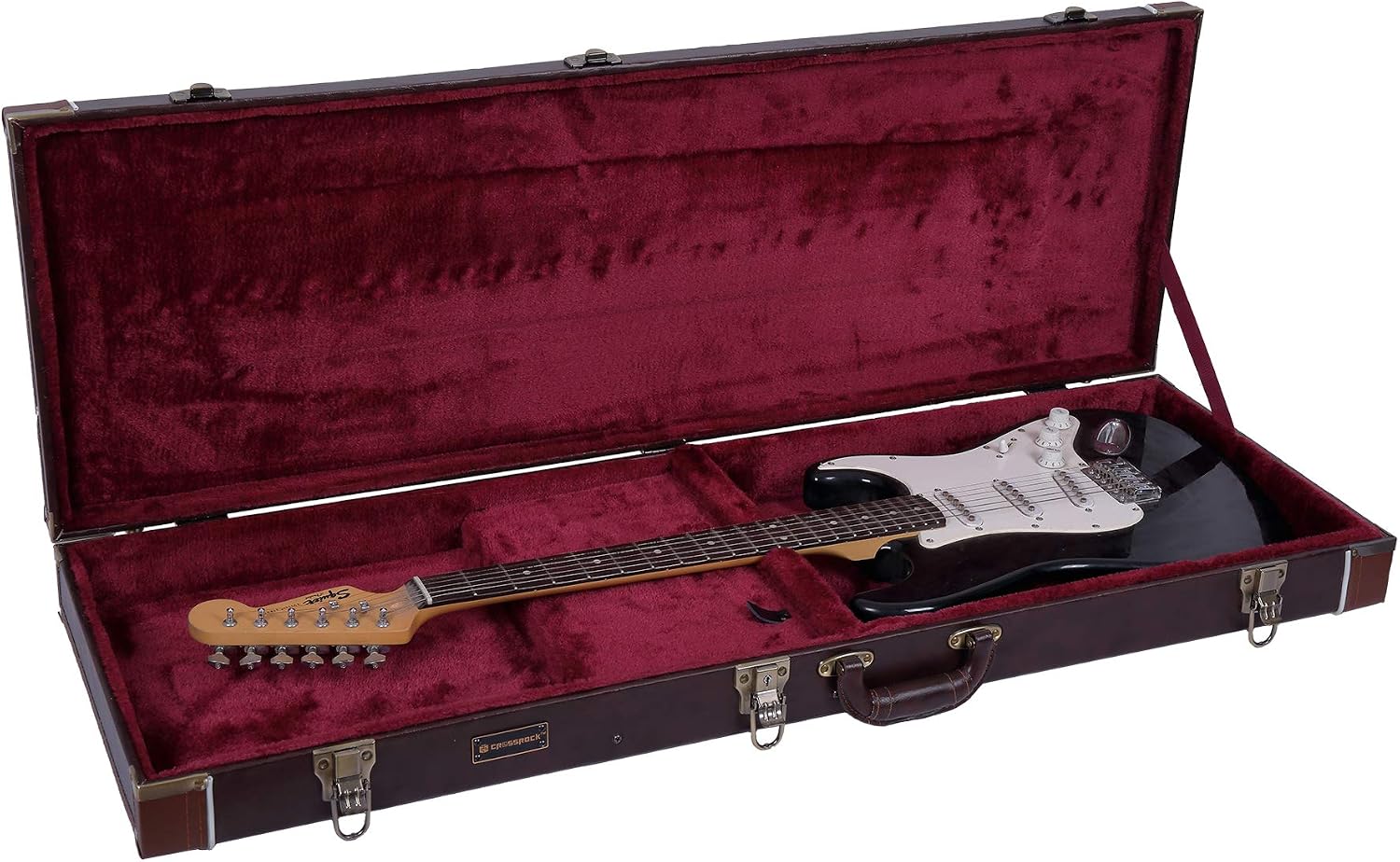 Crossrock Electric Guitar Case Fits Fender Telecaster and Stratocaster- Sponge Lining, Metal Feet, Storage Space -Brown (CRW600EBR)
