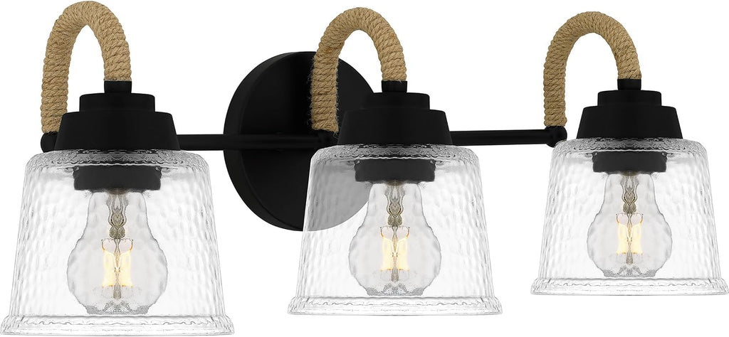 Quoizel Seabreeze Bath Vanity Lights,22 Inch 3-Light Matte Black Coastal-Inspired Lighting Fixtures Over Mirror, Clear Hammered Glass, 100W, Transitional Wall Light for Bathroom, Dresser or Sink