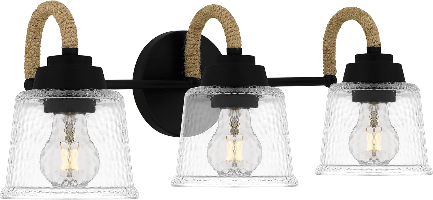 Quoizel Seabreeze Bath Vanity Lights,22 Inch 3-Light Matte Black Coastal-Inspired Lighting Fixtures Over Mirror, Clear Hammered Glass, 100W, Transitional Wall Light for Bathroom, Dresser or Sink