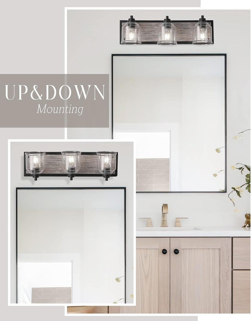 3-Light Bathroom Vanity Light Large 23', Vanity Lights for Bathroom, Farmhouse Rustic Gray Bathroom Light Fixtures Over Mirror with Bubble Glass Shades, Hand-Painted Wood-Look Metal Backplate