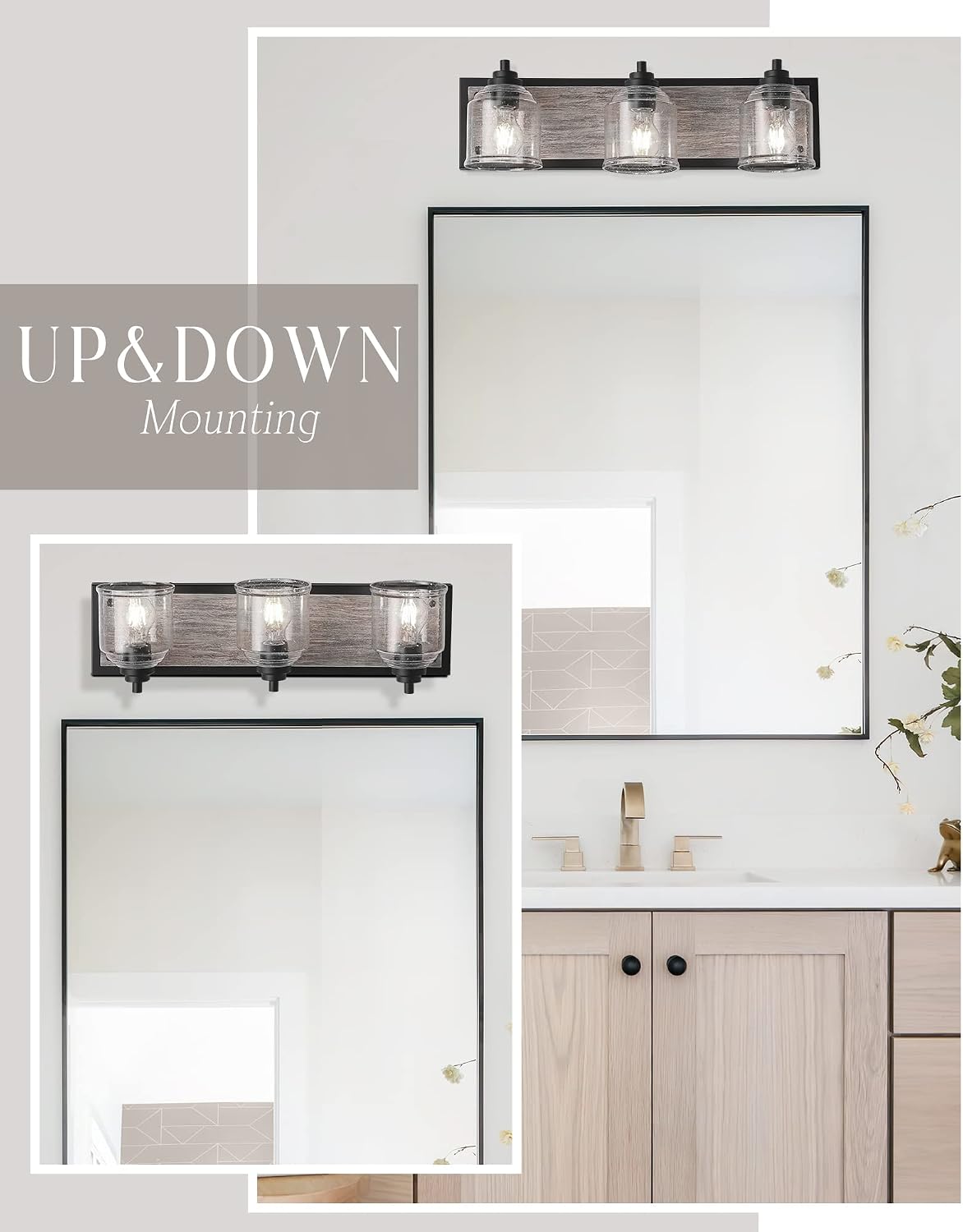 3-Light Bathroom Vanity Light Large 23', Vanity Lights for Bathroom, Farmhouse Rustic Gray Bathroom Light Fixtures Over Mirror with Bubble Glass Shades, Hand-Painted Wood-Look Metal Backplate