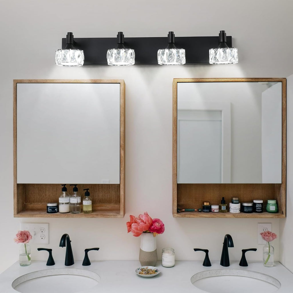 Modern 4-Light LED Vanity Light Dimmable with Faceted Crystal Shades 27.6 Inch Bathroom Lighting Fixture Matte Black and Brushed Gold Finish