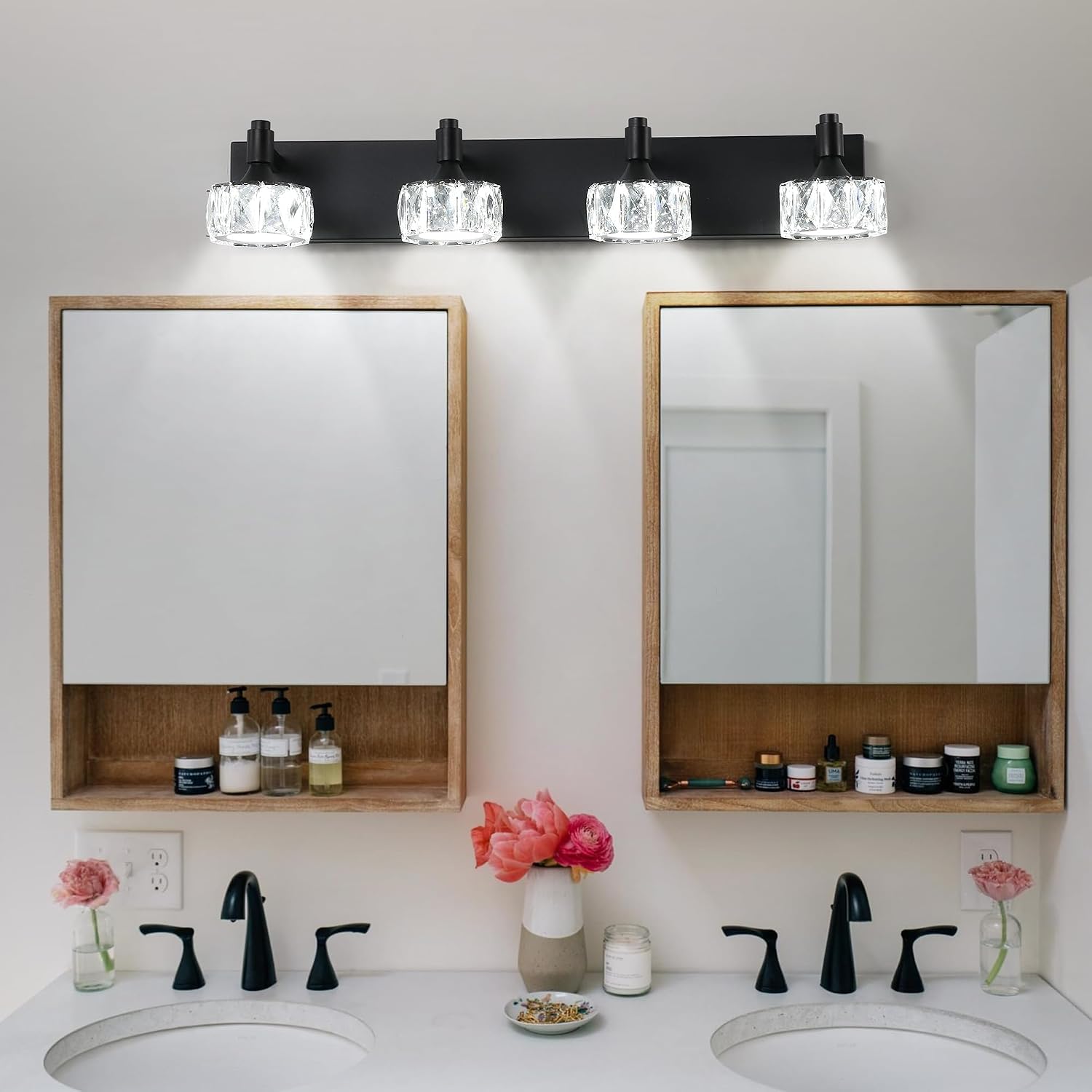 Modern 4-Light LED Vanity Light Dimmable with Faceted Crystal Shades 27.6 Inch Bathroom Lighting Fixture Matte Black and Brushed Gold Finish