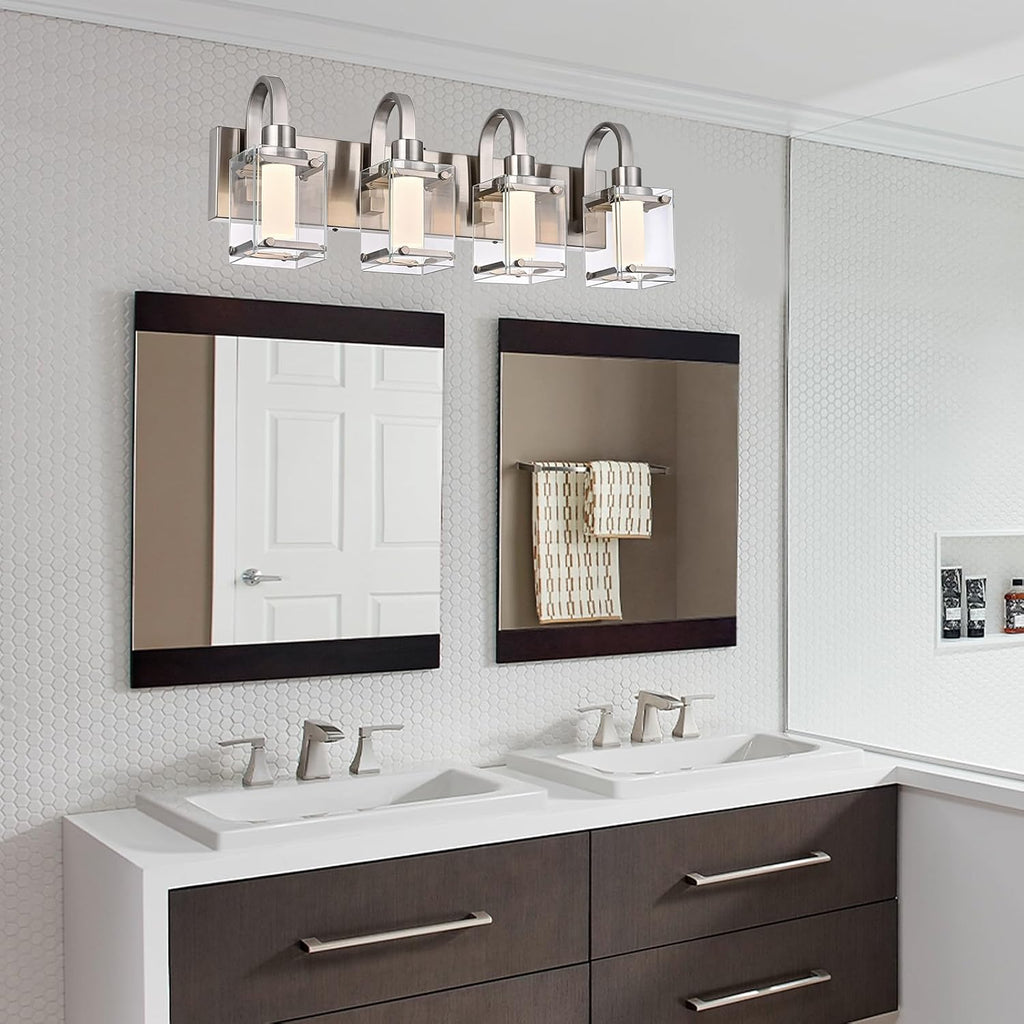4-Light Brushed Nickel Vanity Light Fixtures, Modern LED Bathroom Wall Lights for Dressing Room, Integrated LED Chips with Frosted Column & Clear Square Glass Shades, Energy Saving Wall Sconce