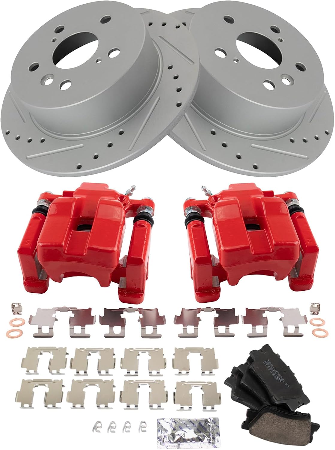 TRQ Performance Rear Brake Pad and Rotor Set Ceramic Coated Drilled Slotted Rotors Calipers Red Compatible with 2007-2012 Lexus ES350 2008-2012 Toyota Avalon 2007-2011 Camry