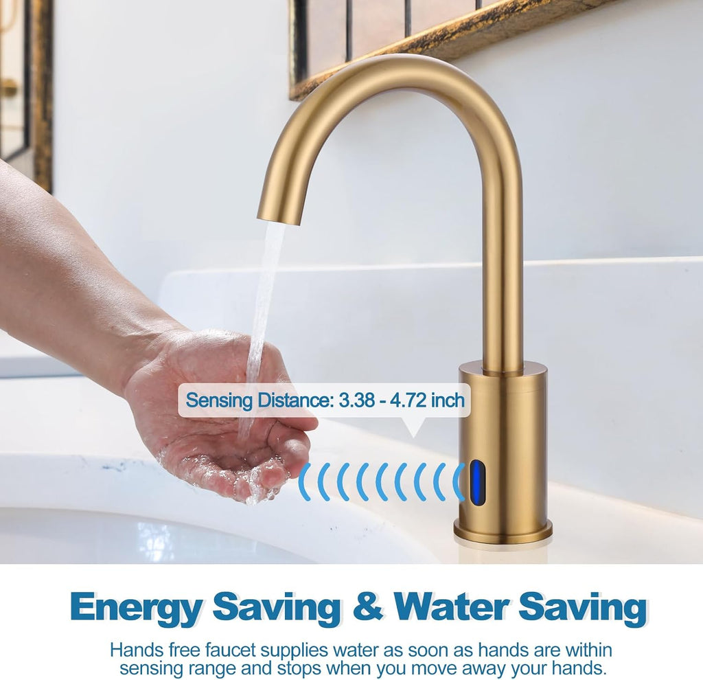 Automatic Touchless Bathroom Sink Faucet, WOWOW Motion Automatic Sensor Bathroom Faucet with Deck Plate, 1 or 3 Holes Motion Sensor Vanity Tap Hands Free Temperature Mixer, Brushed Gold