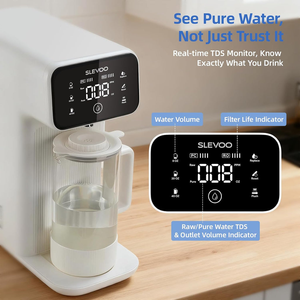 Reverse Osmosis Water Filter Countertop, 6 Stage Ro Water Filtration System with Remineralization Glass Pitcher, 4:1 Pure to Drain, TDS Real-Time Displaying, 4L Capacity Tank for Home Office