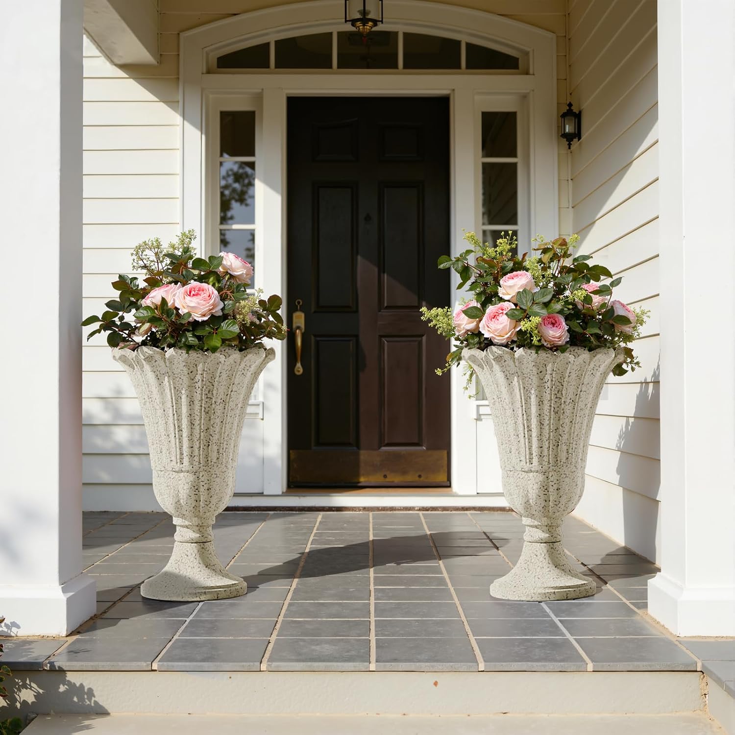 Heavy-Duty 23.6' Tall Urns Planters for Outdoor Plants - Set of 2 Water Storage Base Large Outdoor Planter for Porch, Sandblasting Process Indoor Flower Pots for Home Decor/Garden Vase, Beige