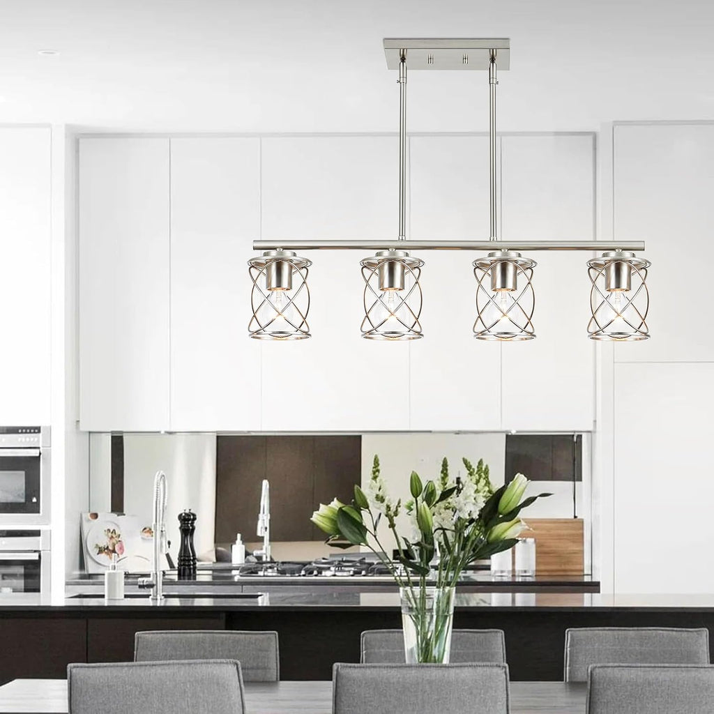mavcadonf Kitchen Island Light, 4-Light Dining Room Lighting Fixtures Hanging, Farmhouse Linear Pendant Light for Kitchen Island Table Living Room with Adjustable Rods, Brushed Nickel