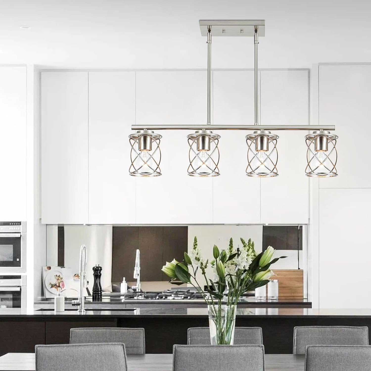 mavcadonf Kitchen Island Light, 4-Light Dining Room Lighting Fixtures Hanging, Farmhouse Linear Pendant Light for Kitchen Island Table Living Room with Adjustable Rods, Brushed Nickel