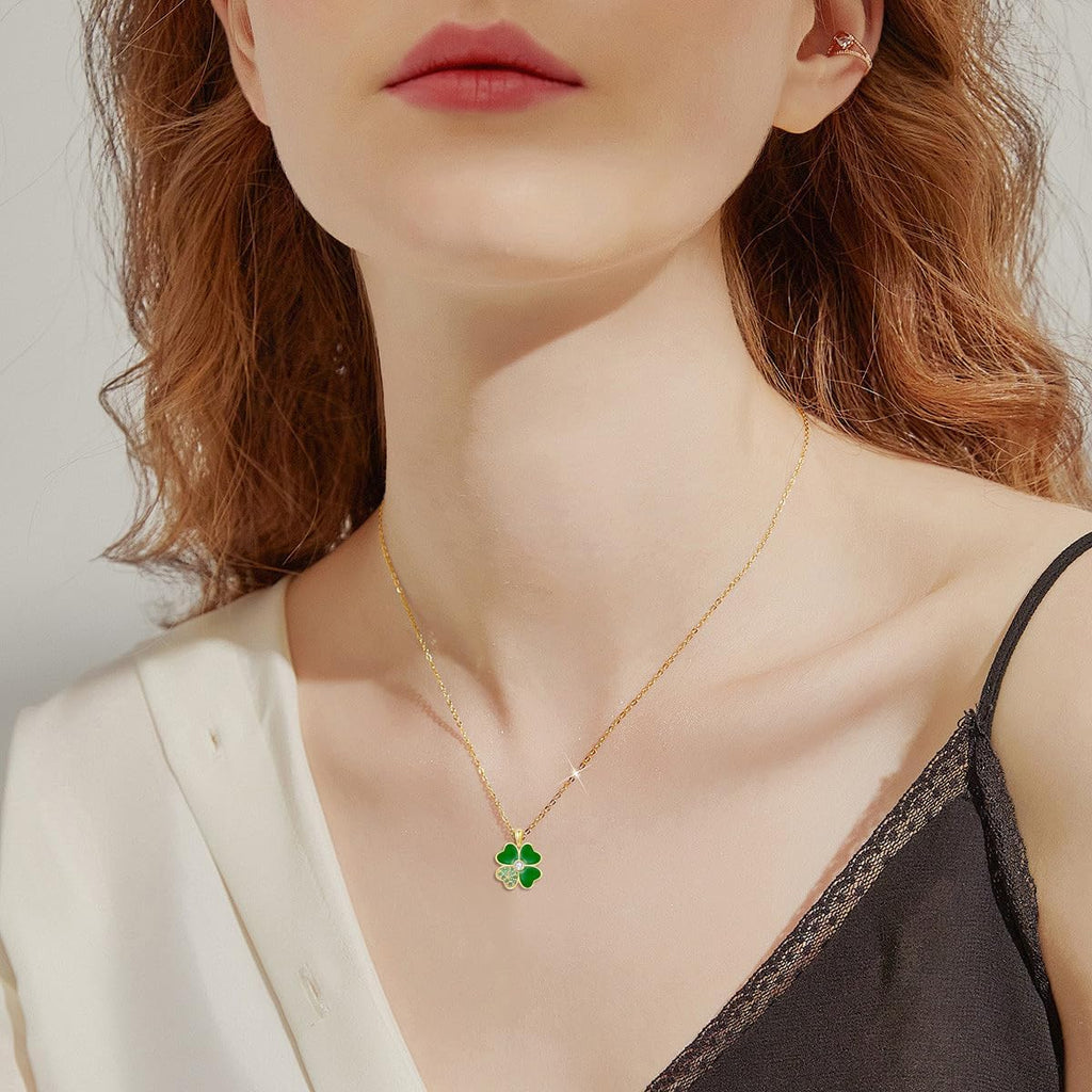 Aihpos Four Leaf Clover Necklace for Women 14K Solid Gold Green Lucky 4 Leaf Clover Necklace Ladybug Necklace