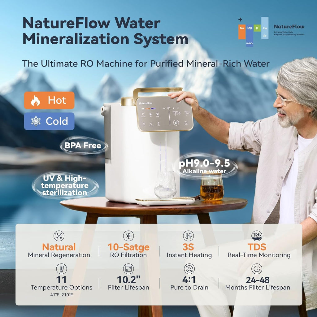 Y60AC（2nd Gen Cold & Hot Countertop Reverse Osmosis Water Mineralization System— Natural Mineral Activation, 10-Stage RO Filtration,Ultra Dual UV, Alkaline Water, 11-Temperature