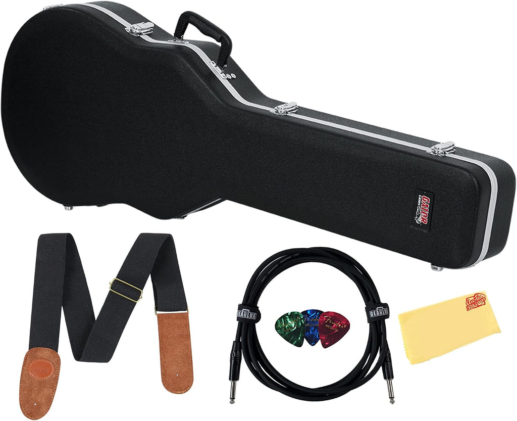 Gator GC-LPS Deluxe Molded Case for Single-Cutaway Electric Guitars such as Gibson Les Paul Guitars - Black Bundle with Cable, Strap, Picks, and Austin Bazaar Polishing Cloth
