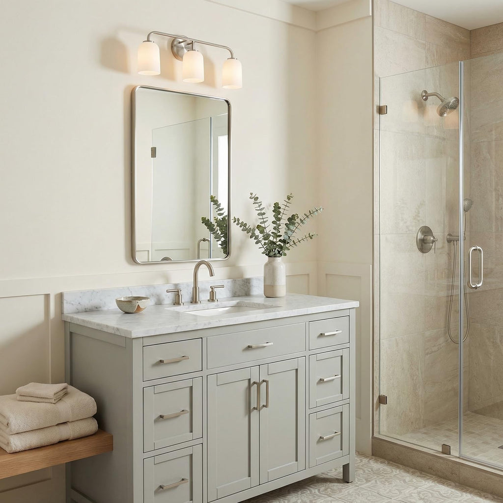 HomePlace by Capital Lighting 148831BN-542 Lawson Transitional Soft White Glass Bell Vanity Light for Bathroom, 3-Light 300 Total Watts, 10' H x 24' W, Brushed/Satin Nickel