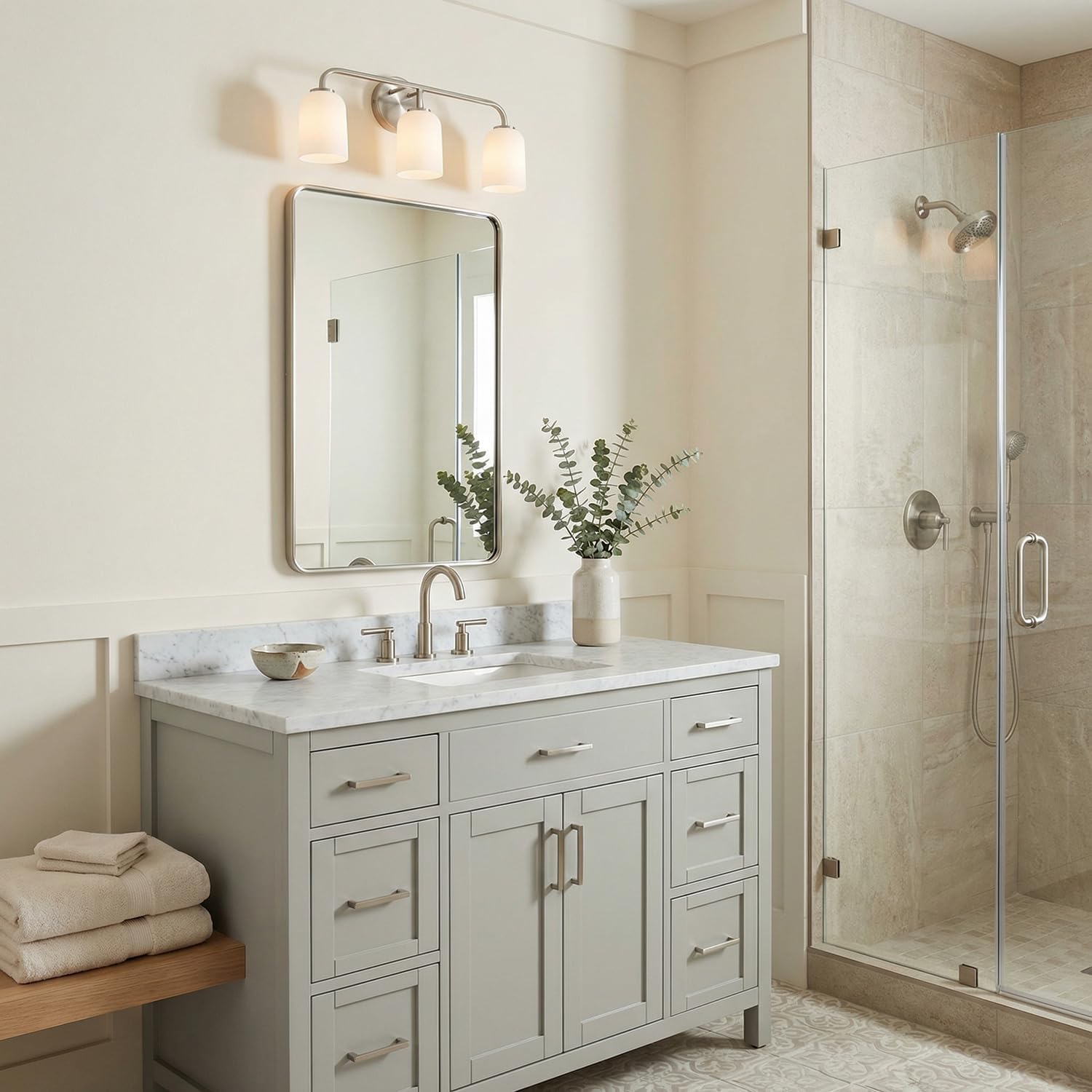 HomePlace by Capital Lighting 148831BN-542 Lawson Transitional Soft White Glass Bell Vanity Light for Bathroom, 3-Light 300 Total Watts, 10' H x 24' W, Brushed/Satin Nickel