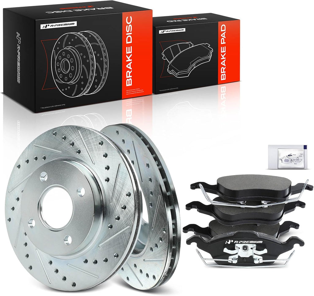 A-Premium 10.16 in (258mm) Front Drilled and Slotted Disc Brake Rotors + Ceramic Pads Kit Compatible with Select Ford Models - Focus 2000 2001 2002 2003 2004, 6-PC Set