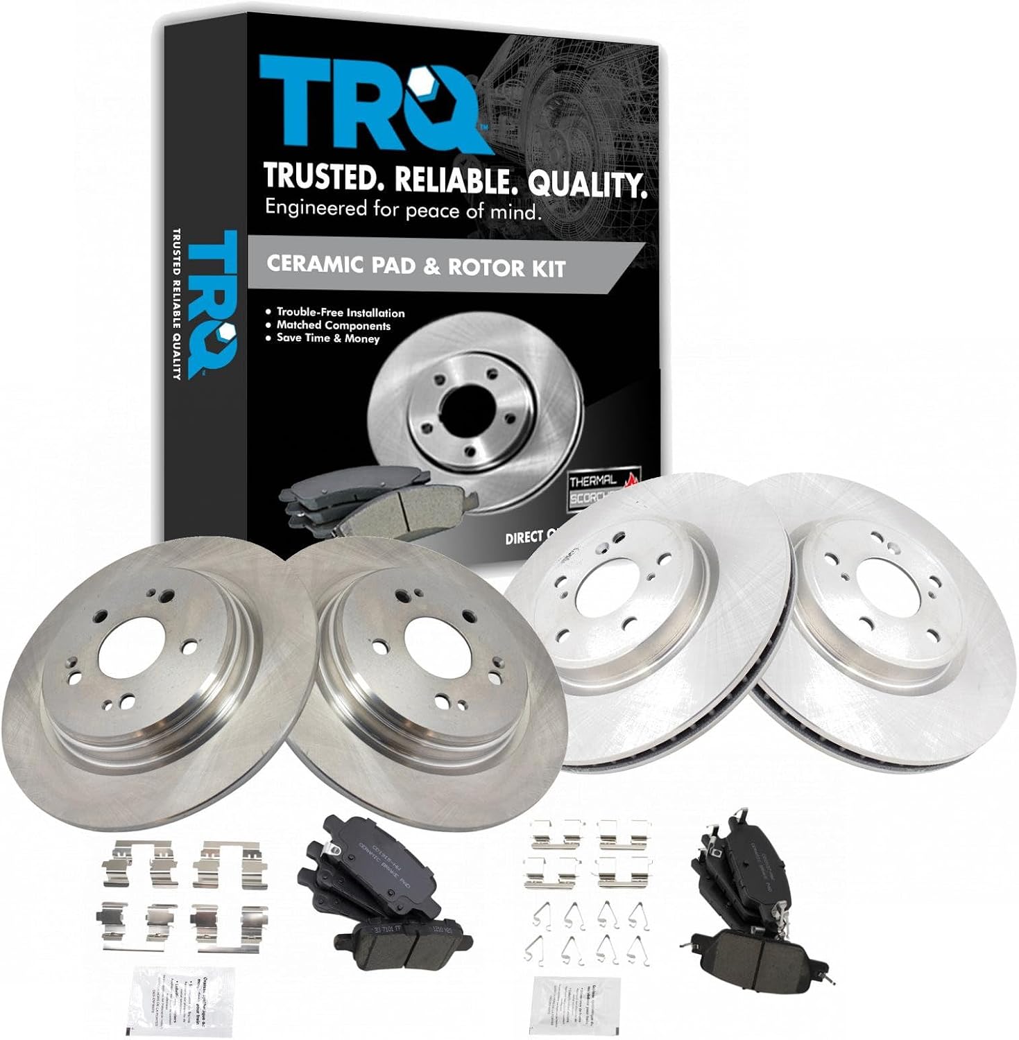 TRQ Front and Rear Ceramic Brake Pad and Rotor Set Compatible with 17-19 Honda CR-V, 20-22 CR-V EX, 20-22 EX-L, LX, Touring, 21-22 Special Edition
