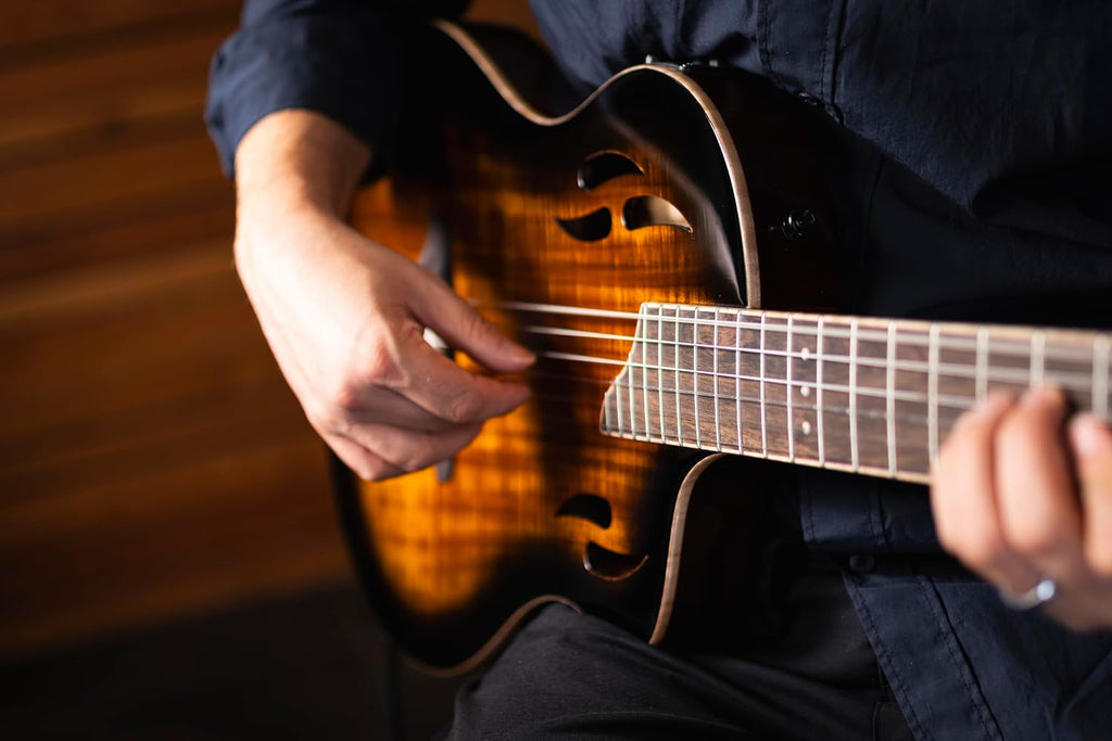 Ortega TourPlayer Deluxe Thinline Crossover Nylon-String Electric Guitar w/Pro gig bag, Acacia Gloss Burst (RTPDLX-ACA)