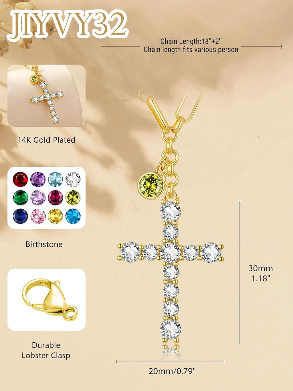 Cross Necklace for Women 14K Gold Birthstone Anniversary Birthday Gift for Wife Mom Protection Christian Jewelry Adjustable Chain