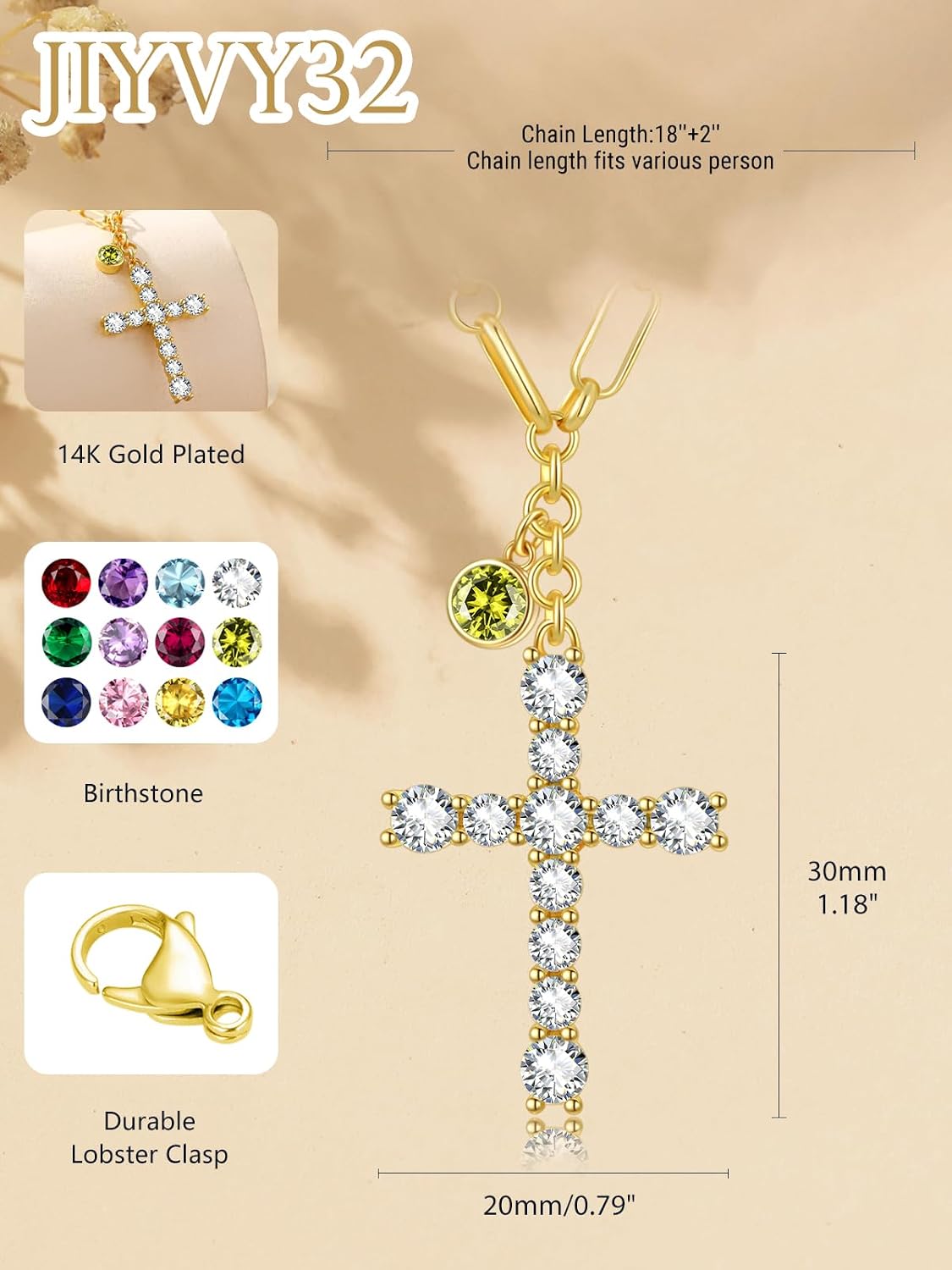 Cross Necklace for Women 14K Gold Birthstone Anniversary Birthday Gift for Wife Mom Protection Christian Jewelry Adjustable Chain