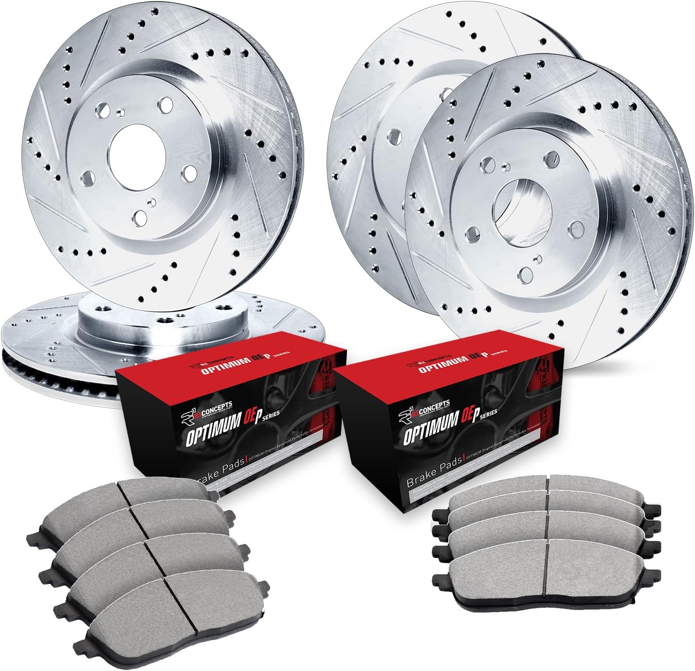 R1 Concepts Front and Rear Brake Kit Fits 2020-2024 Subaru Legacy; 2020-2024 Subaru Outback| Optimum Oep Brake Pads and Drilled Slotted Brake Rotors| 12.4' Front & 11.8' Rear
