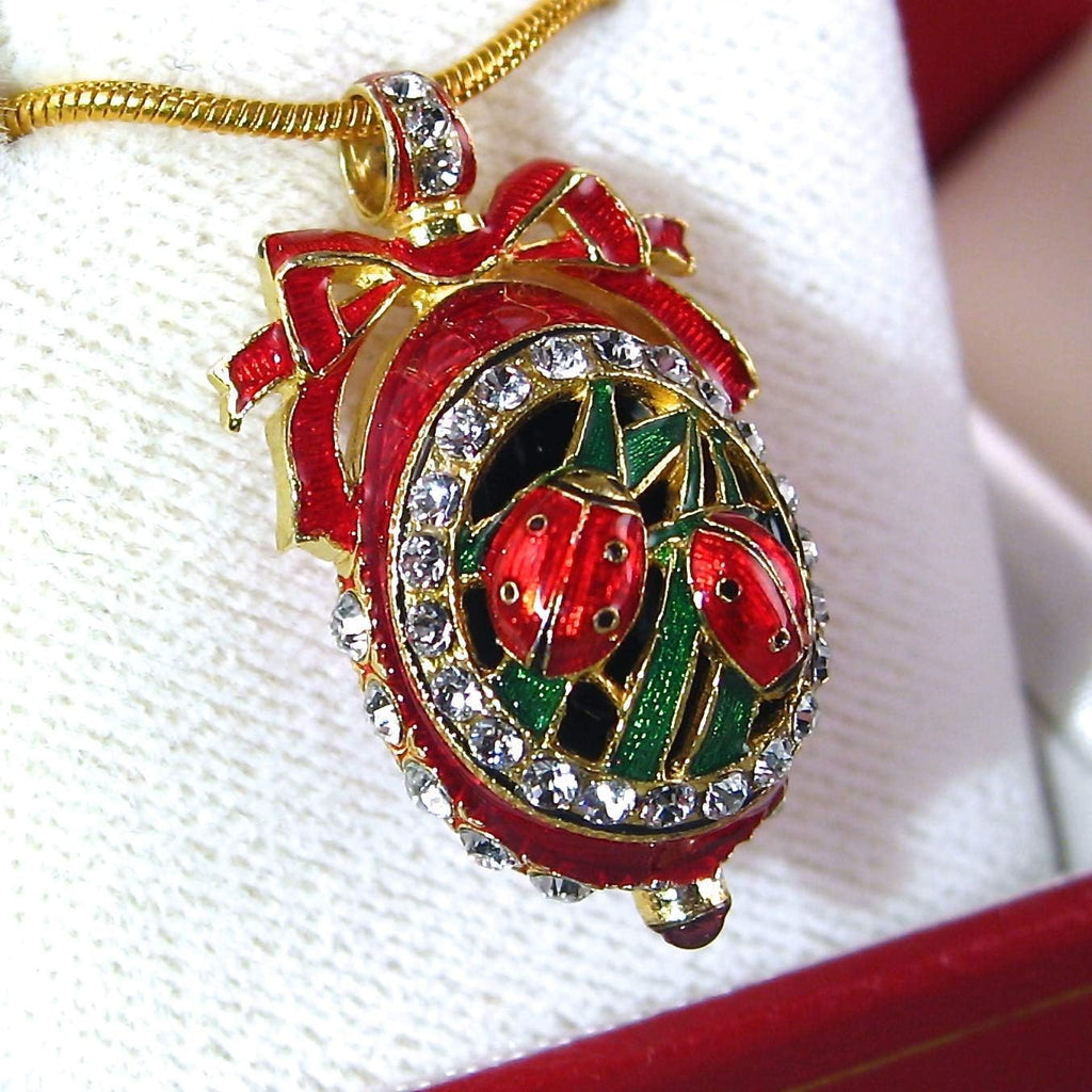 Ladybugs Red Guilloché Enamel Sterling Silver Necklace Pendant Genuine Garnet Crystals 24k Gold Plate Chain